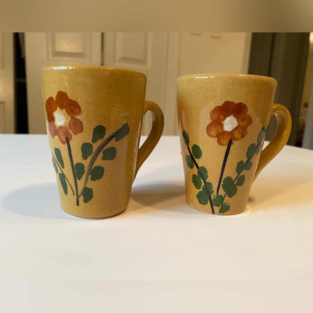 Set of 2 Vintage Floral Mustard Yellow Mexican Pottery Drinking Mugs/Glasses/Cup